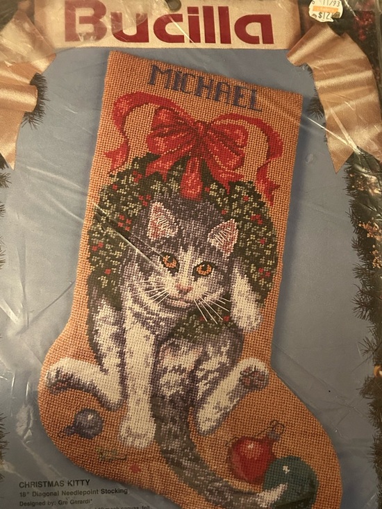 Bucilla Other - 1993 Bucilla Christmas Kitty Needlepoint Stocking #60714 Cat 18” Open Package